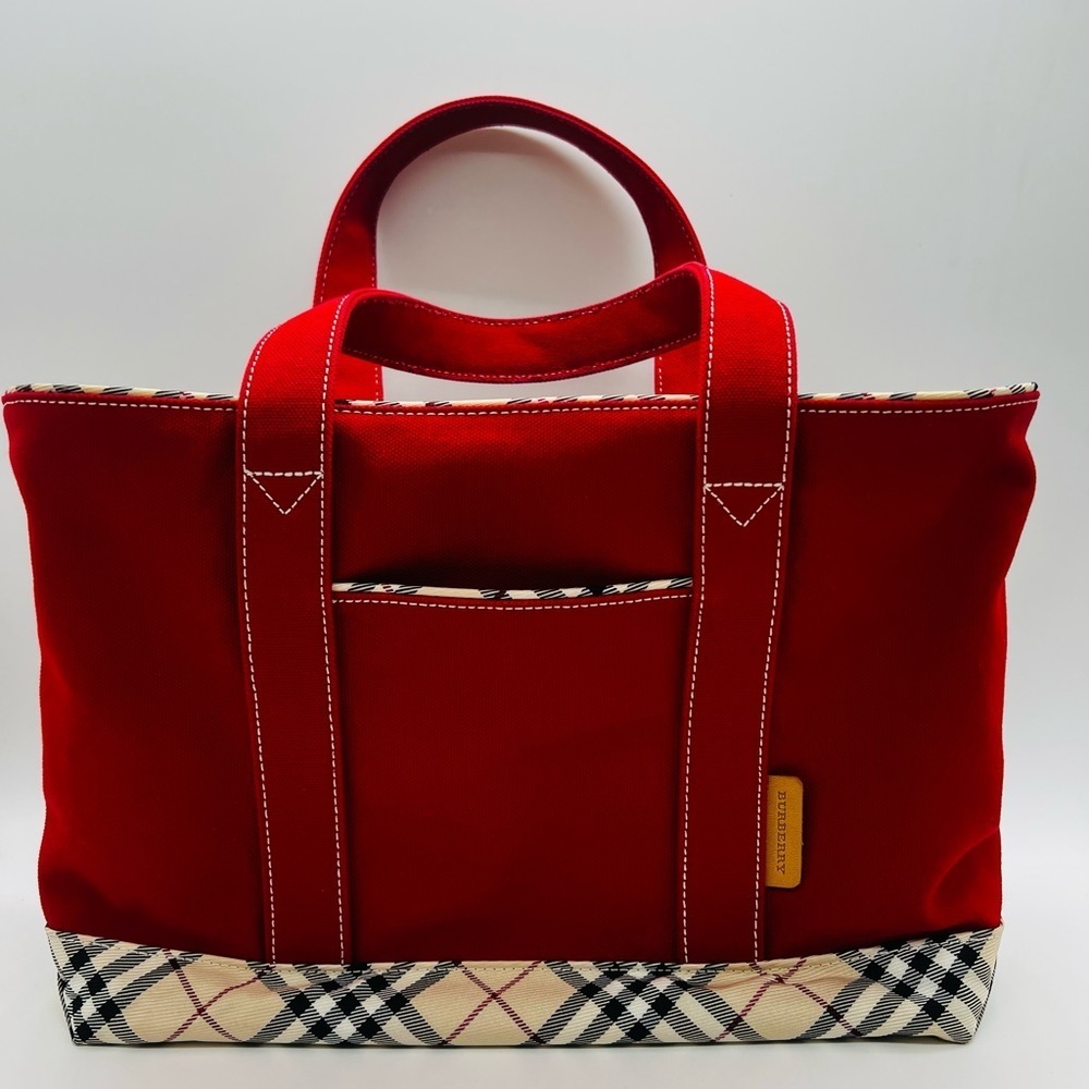 Burberry Red Canvas Tote with Plaid Accents and Top Zipper - Picture 2 of 16